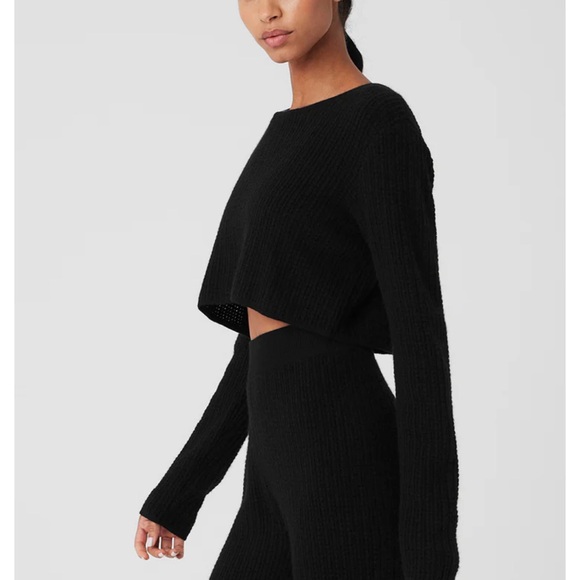 NWT - ALO Yoga Black Cashmere Plush Waffle Cropped Long Sleeve - Picture 2 of 8